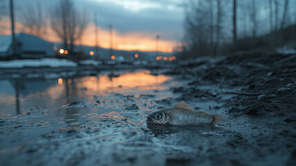 Naklejka premium A fish lies stranded on wet, cracked mud as the sun sets, highlighting the impact of drought and water depletion in urban environments.