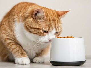High-tech pet care concept smart pet feeder dispensing food for a cat at home in a modern setting