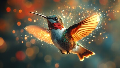 Naklejka premium Hummingbird in magical flight with glowing wings, bokeh background