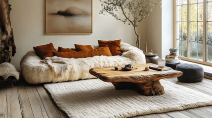 A living room with a large white couch and a wooden coffee table