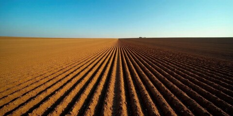 Naklejka premium Vast Agricultural Field Under a Clear Sky, Showing Rows of Prepared Soil Ready for Planting, a Serene Landscape of Rural Farming