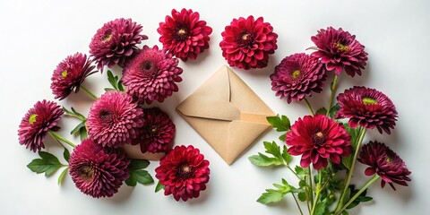 Burgundy Chrysanthemum Congratulatory Invitation Card Flat Lay Double Exposure Stock Photo