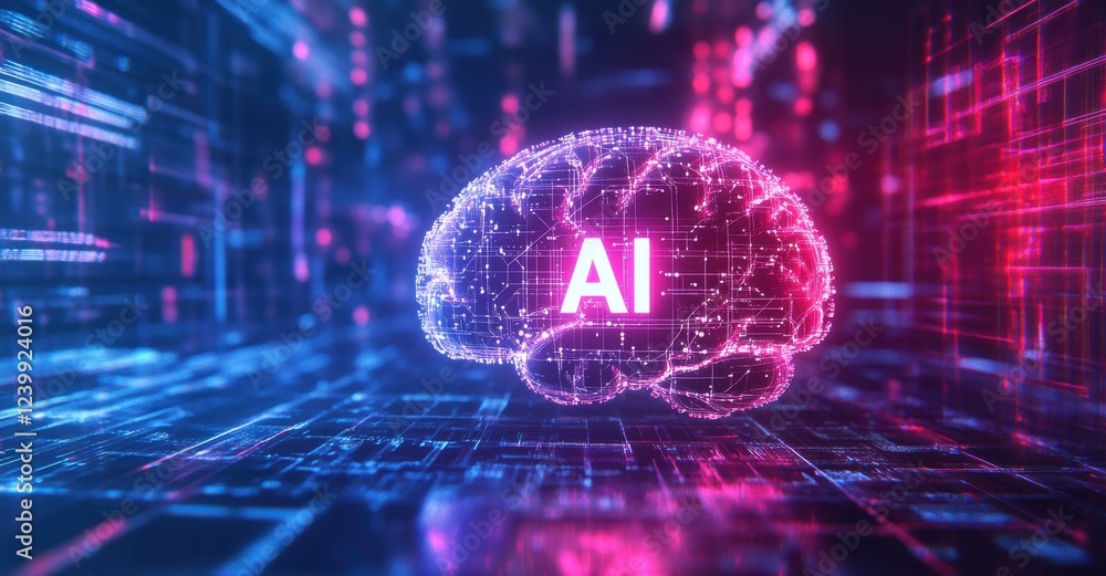 Poster Artificial intelligence glowing inside digital brain on futuristic background