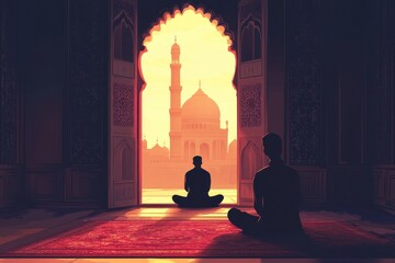 Traditional Mosque Silhouette for Syawal Celebration