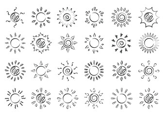 Sun drawing clipart icon set. Sun symbol in doodle, hand drawn, scribble and spiral clip art collection with sunrays vector illustration design elements.
