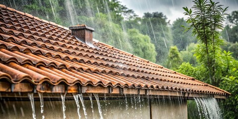 Macro Rain Drops on Roof Tiles During Monsoon Season