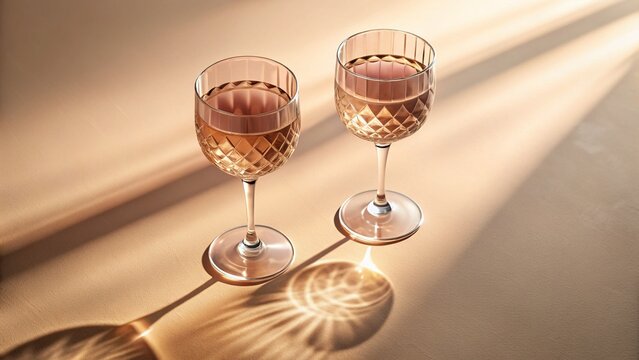 Minimalist Double Exposure: Pale Pink Wine Glasses on Beige Table - Vintage Glassware Stock Photo