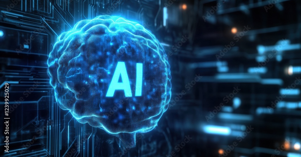 Poster Digital brain representing artificial intelligence glowing on circuit board background