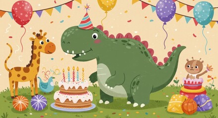 Naklejka premium Dinosaur Birthday Bash with Friends and Festive Treats