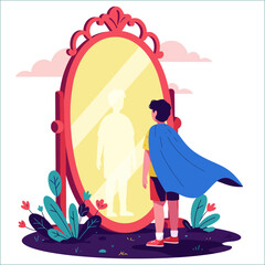 Obraz premium Boy in Superhero Cape Seeing His Reflection in a Mirror