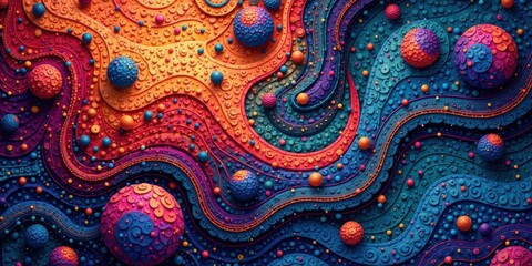 Abstract Colorful Swirling Landscape with Textured Spheres and Vibrant Hues