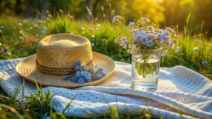 Summer Picnic: White Cotton Blanket, Forget-Me-Nots, Straw Hat & Water