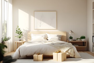there is a bed with a white comforter and a wooden headboard