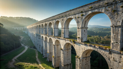 Obraz premium Ancient Roman aqueduct with arches in scenic landscape