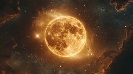 A magical depiction of a glowing moon surrounded by constellations in a starry sky, ethereal and peaceful