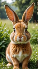 a rabbit in a natural outdoor setting, with the rabbit's ears perked up and surrounded by green grass and a soft-focus background.