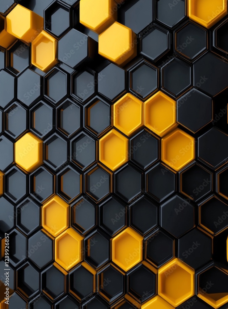 Poster abstract black and yellow hexagon pattern.