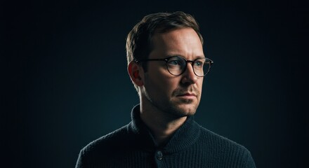 Obraz premium Professional Portrait of a Pensive Man in Eyeglasses and Sweater in Dark Studio Setting
