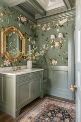 there is a bathroom with a green vanity and a gold mirror