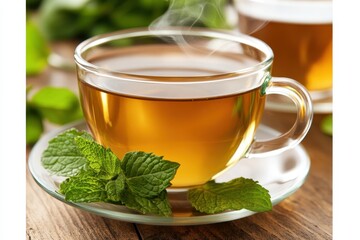 Steaming Cup of Tea with Fresh Mint on Plate
