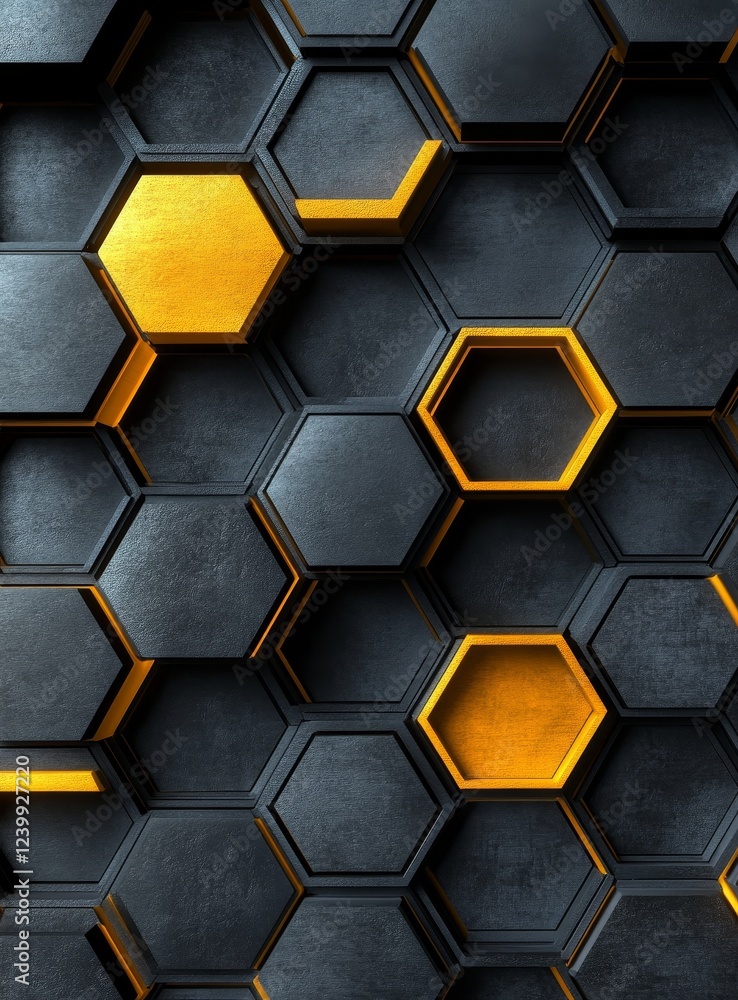 Aufkleber Abstract 3D honeycomb pattern with yellow and gray hexagons.