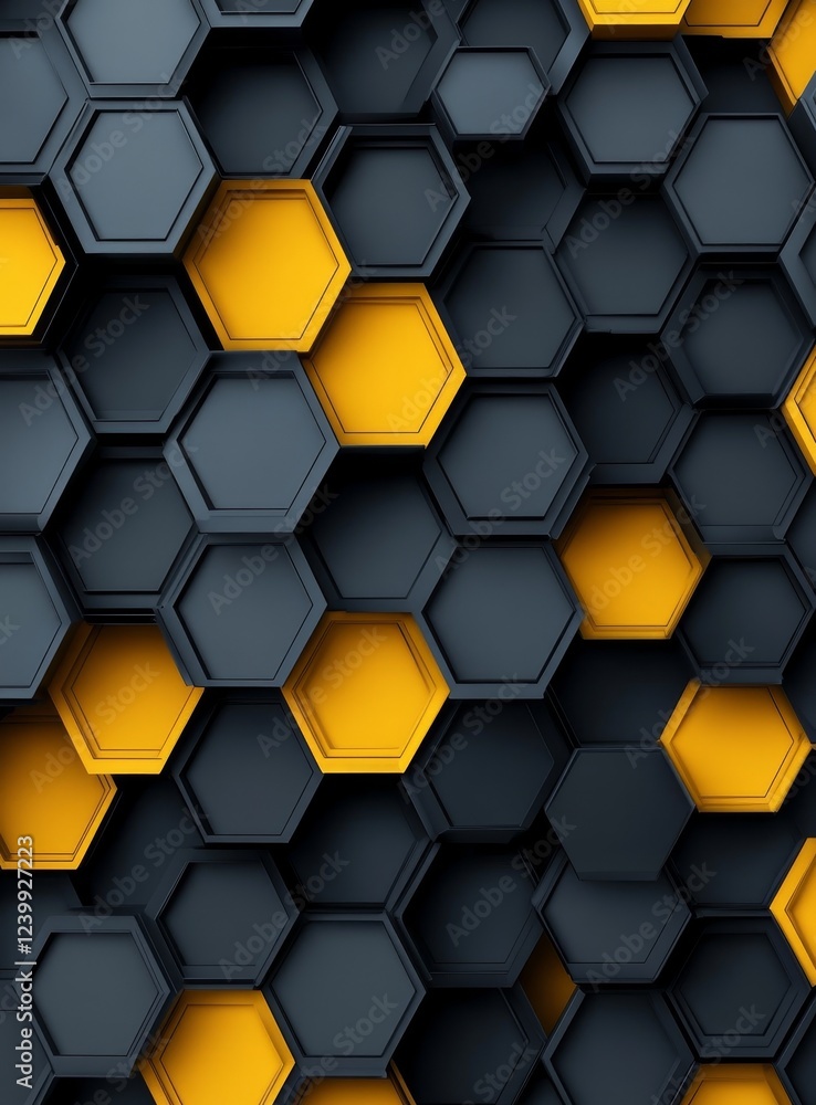 Poster abstract 3d hexagon pattern in grey and yellow.