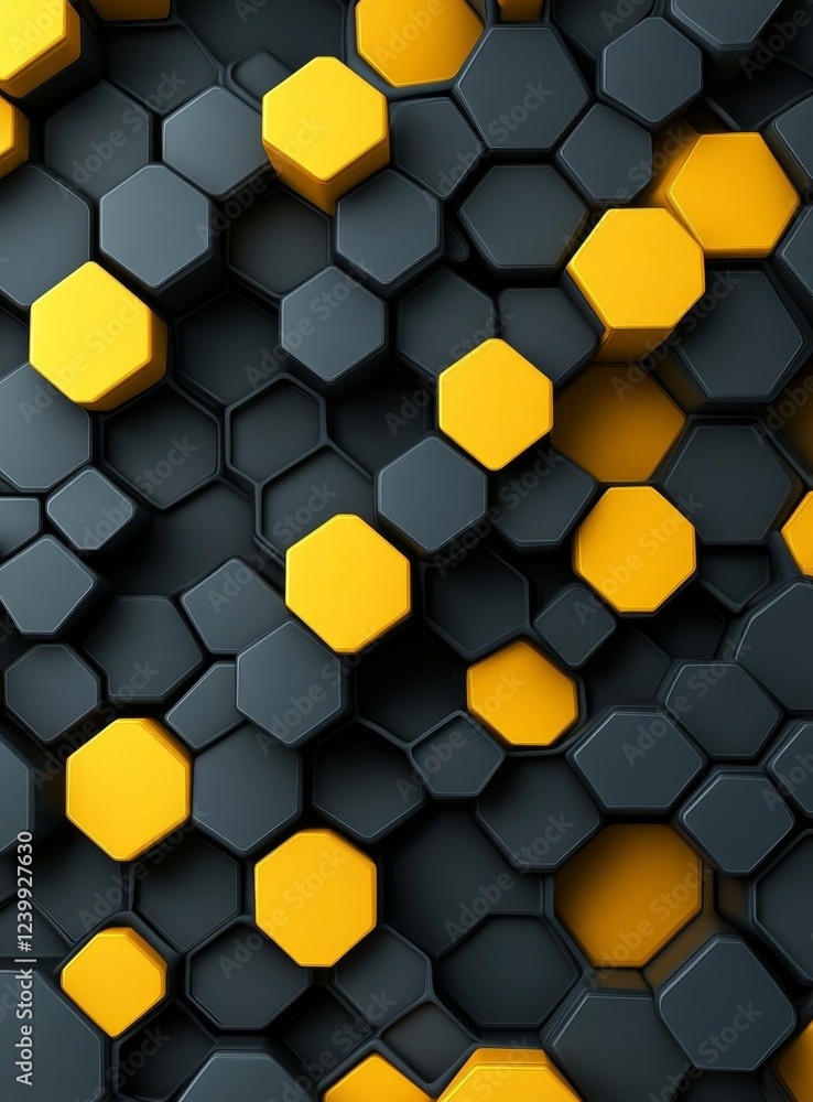 Poster Abstract 3D hexagon pattern with yellow and gray shapes.