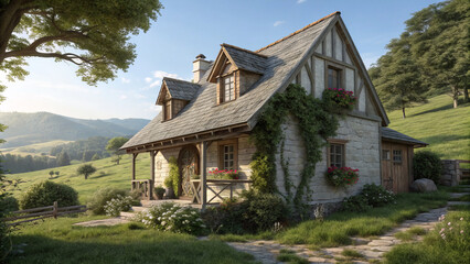 Fototapeta premium Charming rustic cottage with cozy countryside home exterior and lush greenery