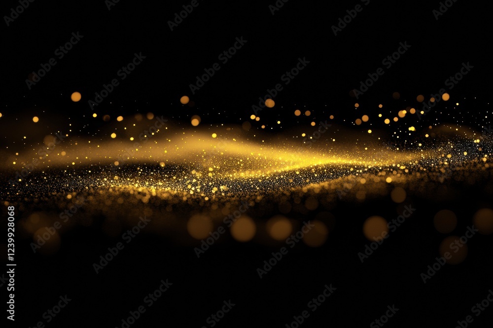 Poster Golden glitter swirling on a black background creating a magical bokeh effect