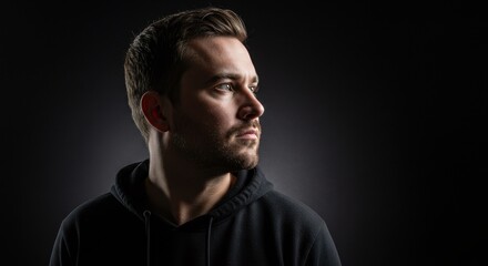 Obraz premium Portrait Photograph of a Man in a Dark Hoodie with Dramatic Lighting Featuring Thoughtful Expression