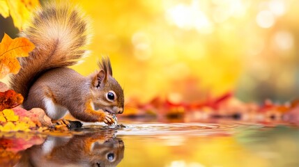 Squirrel drinking water beside a serene pond surrounded by vibrant autumn leaves in a forest
