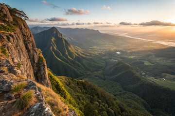 Obraz premium Breathtaking mountain landscape with lush greenery and sunset glow