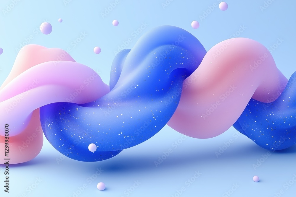 Poster a colorful abstract design featuring intertwined smooth shapes in pink and blue hues, with a soft gr