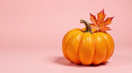 A vibrant orange pumpkin adorned with a single autumn leaf rests on a soft pink background, a simple yet elegant autumnal still life.