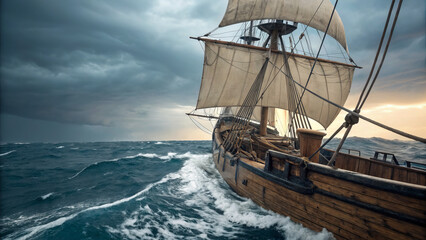Epic whaler ship sailing through dramatic ocean waves under stormy skies