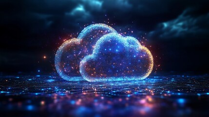 Digital informational technology web futuristic hologram with cloud icon, blue golden light digits and code background, cloud computing. Abstract Motion of digital data flow 