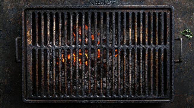 Overhead shot of a cast iron grill grate with glowing coals. Perfect for BBQ, grilling, and cooking themes.
