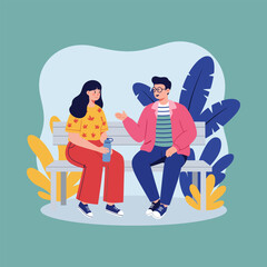Young Couple Talking on Park Bench Illustration