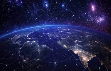Obraz premium Planet Earth with illuminated cities and network connections in starry sky