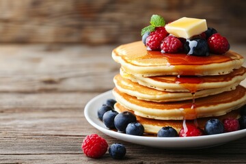 Fluffy Pancakes with Maple Syrup and Berries