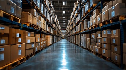 A large warehouse with many boxes stacked on shelves