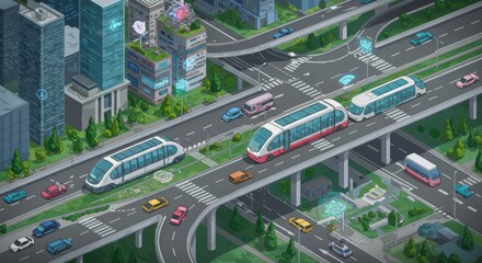 Urban transport revolution: A dynamic illustration of a futuristic cityscape, featuring elevated transport systems with sleek, modern vehicles seamlessly navigating complex highway networks.
