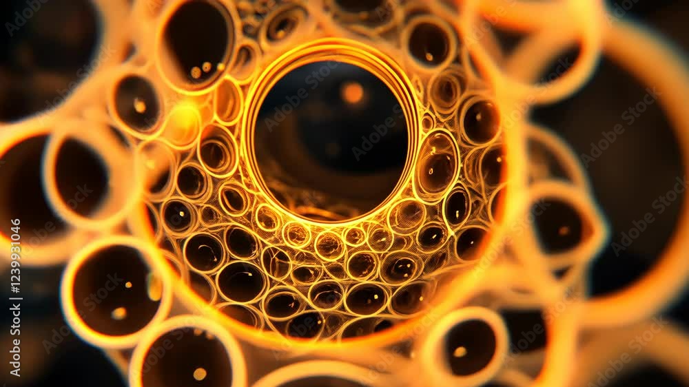 Poster colorful bubbles create a mesmerizing pattern with golden hues in a dark background