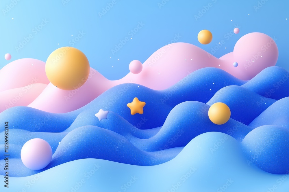 Poster a vibrant abstract scene featuring colorful waves in shades of pink and blue, with floating spheres 