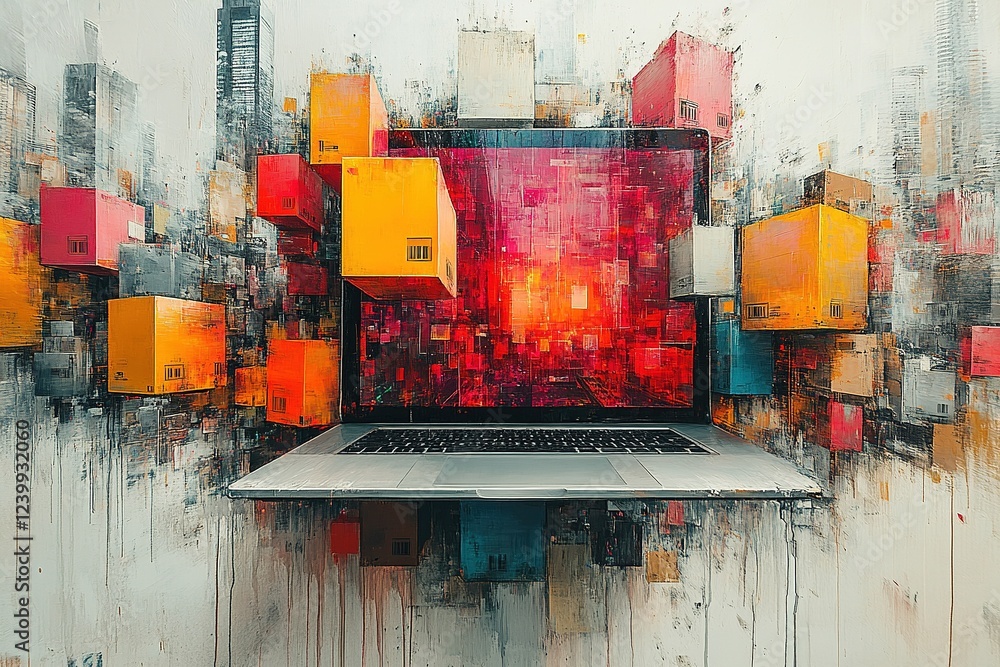 Poster laptop with colorful boxes emerging from screen on abstract background