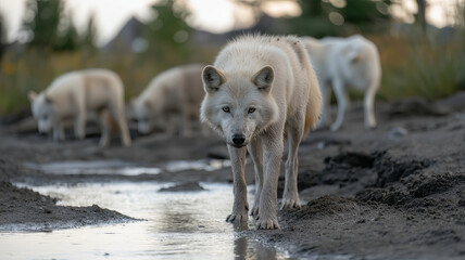 Obraz premium A pack of wolves cautiously approaches a muddy water source, their piercing eyes focused, set against a blurred natural background.