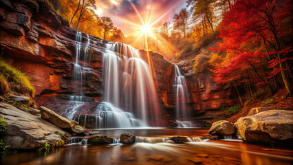 Stunning waterfall surrounded by autumn foliage and sunlight