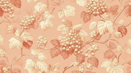 Peach background with vintage grapevine pattern, branches, leaves, and bunches of grapes in beige and coral tones. Perfect for designs needing a touch of rustic elegance or vintage charm.