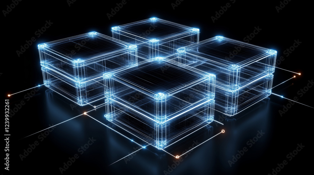 Poster digital illustration of glowing 3d boxes arranged in layers, showcasing futuristic design with high 
