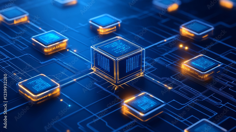 Poster digital illustration showcasing futuristic circuit board with glowing microchips interconnected by i